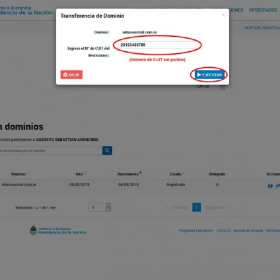 Assign the CUIT of the new domain owner